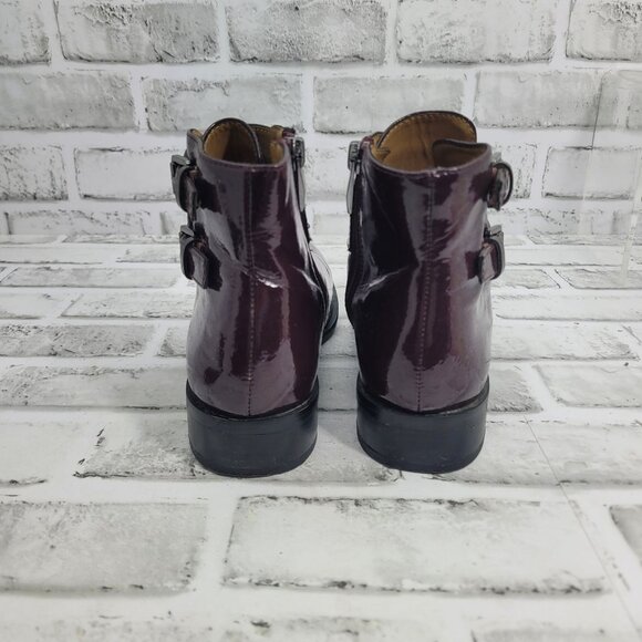 Franco Sarto Patent Leather Riddick Wine Burgundy Purple Booties Buckles Size 6 - Picture 5 of 9